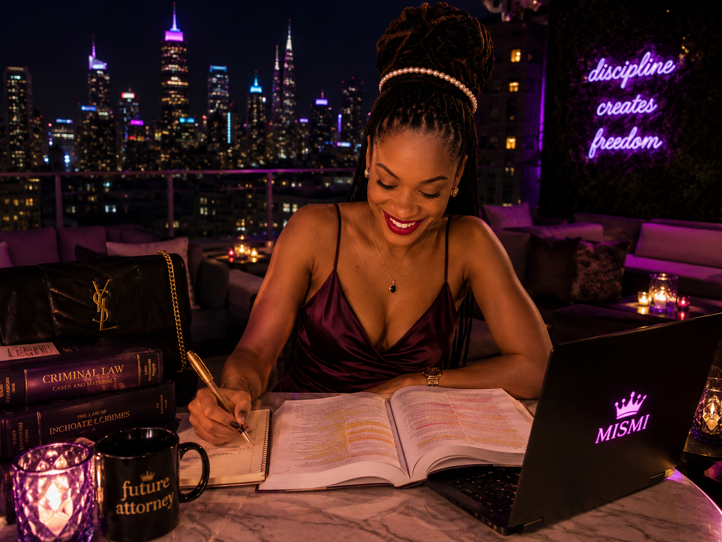 MISMI at a luxury study session with law books