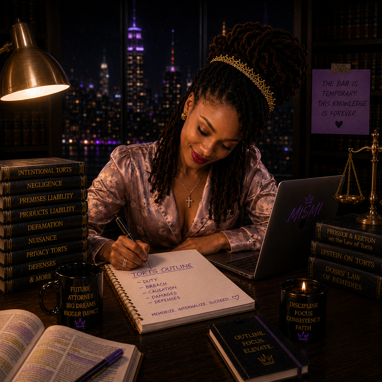 MISMI writing a torts outline at a desk