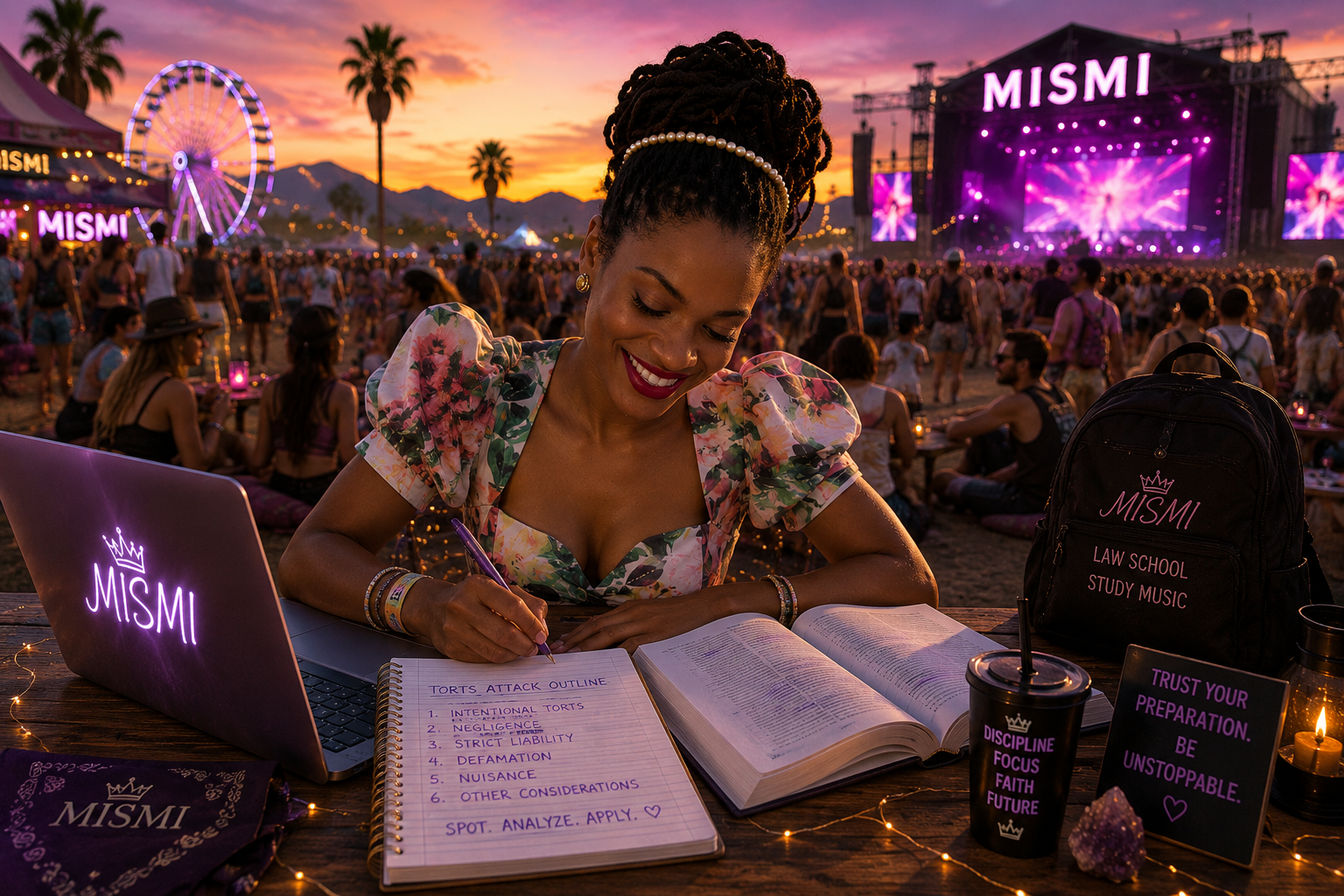 MISMI studying with festival lights and law materials